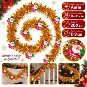 Beteală de Crăciun aurie cu ornamente Moș Crăciun, plastic, 200 cm, diametru 9 cm