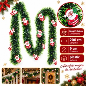 Beteală de Crăciun cu ornamente Moș Crăciun, verde cu vârfuri deschise, 200 × 9 cm, plastic