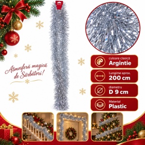 Beteala de Craciun pentru brad, argintie, din PVC, diametru 9 cm, lungime 2 m