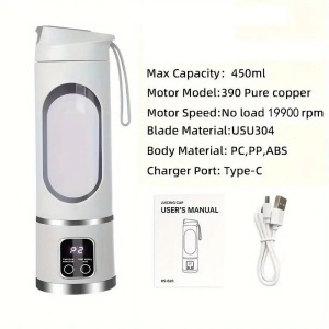 Blender portabil electric 450ml pentru smoothie si shake, reincarcabil USB Type-C, alb - Img 2