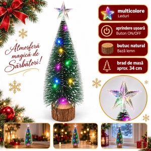 Brad decorativ cu leduri multicolore, bază din lemn, 24 cm - Img 5