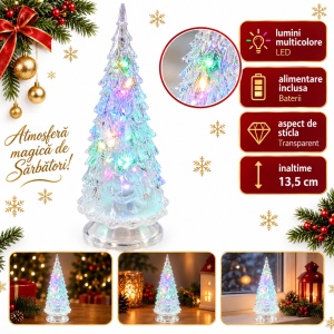 Brad decorativ luminos de Crăciun cu LED multicolor, alimentare baterii, plastic tip sticlă, 13,5 cm - Img 2