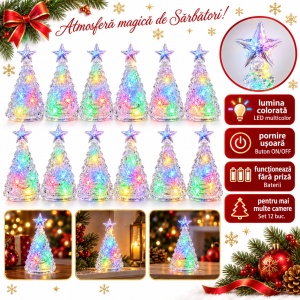 Brăduț decorativ de Crăciun cu LED multicolor, set 12 bucăți, baterii, 8,5x4,5 cm