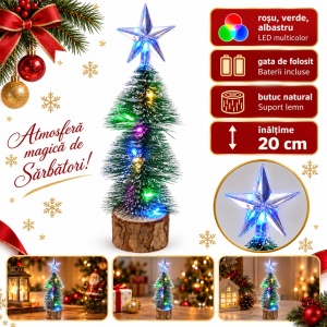 Brăduț decorativ luminos LED pentru Crăciun, pe suport din lemn, baterii incluse, 20x8 cm - Img 5