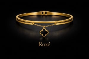 Bratara ROXE aurie cu trifoi reversibil alb negru si lant decorativ inchizatoare fixa - Img 3