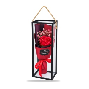 Buchet decorativ cu trandafir artificial roșu, în cutie cadou cu mâner auriu - Img 2