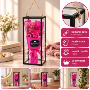 Buchet decorativ cu trandafir fucsia, în cutie transparentă cu mâner - Img 5