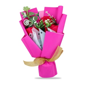 Buchet decorativ cu trandafiri roșii, buchet roz cu fundă aurie, în cutie cadou, 25cm - Img 2