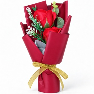 Buchet decorativ cu trandafiri roșii, fundă aurie, în cutie cadou, 25cm - Img 4