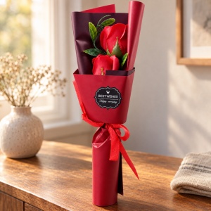 Buchet decorativ cu trandafiri rosii, set cadou rosu, 25 cm - Img 3