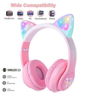 Căști wireless cu urechi de pisică și lumini LED, design ergonomic, roz
