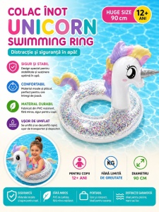 Colac Gonflabil Unicorn cu Sclipici – 90 cm, Model Premium pentru Piscină și Mare - Img 2