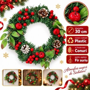 Coroniță de Crăciun artificială, 30 cm, din plastic, cu conuri și fructe roșii, verde - Img 5