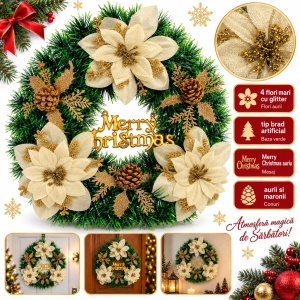 Coroniță de Crăciun cu flori aurii, conuri de pin și inscripție Merry Christmas, 34 x 30 cm - Img 5