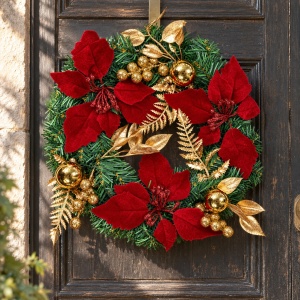 Coroniță de Crăciun cu flori roșii și decor auriu, plastic, 38x35 cm - Img 4