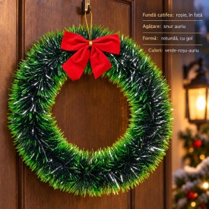 Coroniță de Crăciun cu fundă roșie catifelată, verde, decoratiune pentru ușă, 30cm - Img 2