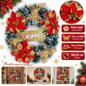 Coroniță decorativă de Crăciun cu flori roșii și fluturași aurii glitter, 38x35 cm - Img 8