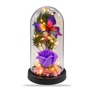 Cupolă decorativă cu trandafir mov și fluture, cu lumină LED, 20x9 cm - Img 2