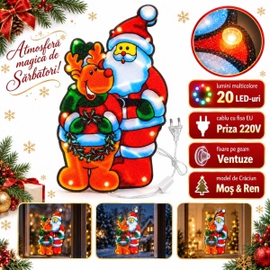 Decorațiune luminoasă de Crăciun cu Moș Crăciun și ren, 20 becuri multicolore, priză, 50×27 cm - Img 4