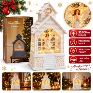 Decoratiune luminoasa de Crăciun cu muzica, model căsuță albă cu înger, 14x7 cm