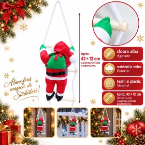 Decoratiune Mos Craciun pe scara, 35 cm, rezistenta la intemperii, interior/exterior