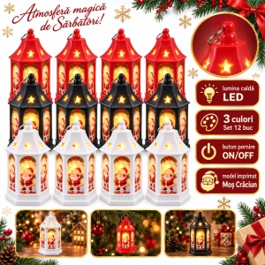 Felinar decorativ de Crăciun cu LED, model Moș Crăciun, set 12 bucăți, din plastic, 15x7,5 cm