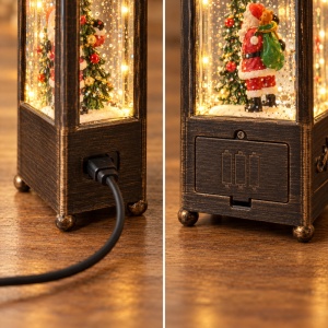 Felinar decorativ de Crăciun, cu lumini LED si muzica, cu figurina Moș Crăciun și brad, 20x8,5 cm - Img 5