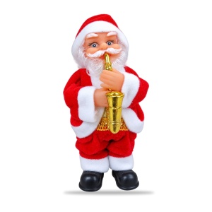 Figurină decorativă de Crăciun Moș Crăciun cu saxofon, pluș și plastic, 17 × 8 cm