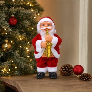 Figurină decorativă de Crăciun Moș Crăciun cu saxofon, pluș și plastic, 17 × 8 cm - Img 3