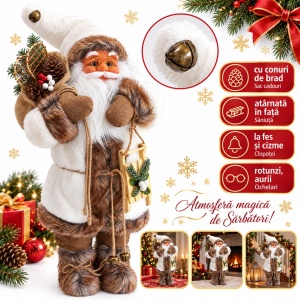 Figurină decorativă Moș Crăciun, cu sac în spate și săniuță, alb-maro, 65 cm