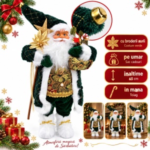 Figurină Moș Crăciun decorativă cu toiag și sac cadouri, costum verde cu broderii aurii, 65 cm