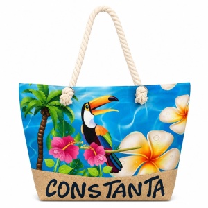Geantă de Plajă mare, model Cu Tucan – Tote Tropicală cu Mânere din Sfoară