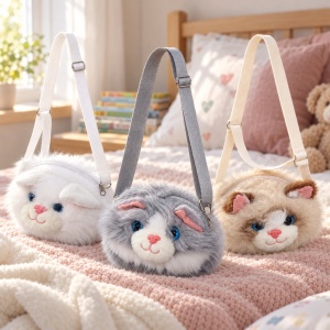 Gentuță de umăr pentru copii, model pisicuță, blăniță plușată, fermoar, 20 cm - Img 4