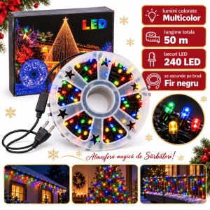 Instalație de Crăciun tip rolă, 50 m, 240 LED-uri multicolore, fir negru - Img 2