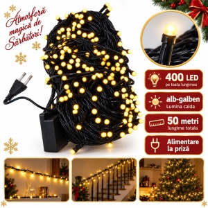 Instalatie LED tip liniar, 400 LED alb-cald, 50 m, fir negru