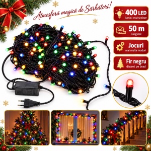 Instalatie LED tip Liniar, 50 m, 400 LED Multicolor, fir negru, multiple jocuri de lumini