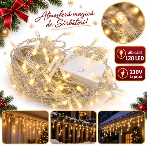 Instalație LED tip țurțuri, 120 LED alb cald, fir alb, 4 m - Img 2