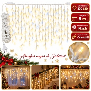 Instalatie LED tip turturi, 300 LED-uri, 8 m, alb-galben cu flash, interconectabila