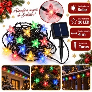 Instalație solară de Crăciun, tip liniar, 20 LED-uri multicolore in forma de stea , 4 m, fir negru - Img 2