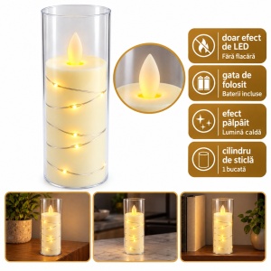 Lumânare LED decorativă în recipient tip sticlă, efect realist de flacara, 14,5 cm