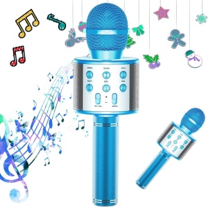 Microfon karaoke wireless cu boxa Bluetooth, lumini LED si efecte vocale, albastru - Img 2