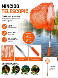 Minciog Telescopic Extensibil Portocaliu 23–80 cm pentru Pescuit și Acvarii – Ușor, Rezistent și Reglabil - Img 2