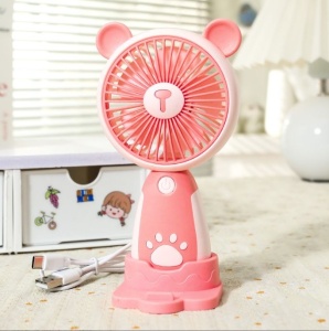 Mini Ventilator Portabil USB cu 3 Viteze, Suport Telefon si Baza, Model Urs, Roz