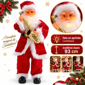 Moș Crăciun decorativ de Crăciun cu saxofon, cântă, dansează, luminează, 93 cm, baterii - Img 2