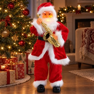 Moș Crăciun decorativ de Crăciun cu saxofon, cântă, dansează, luminează, 93 cm, baterii - Img 7