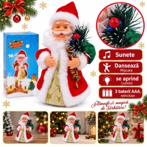Mos Craciun decorativ muzical, canta si danseaza, cu saculet, 20 cm, rosu-auriu
