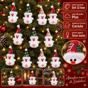 Ornamente de brad, set 12 bucăți, om de zăpadă din pluș, culori asortate, 17 × 6 cm - Img 8
