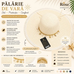 Pălărie Damă de Vară Bej cu Bor Lat și Lanț Decorativ cu Stele de Mare, Scoici și Perle – Reglabilă - Img 2