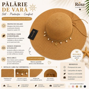 Pălărie Damă Maro Camel de Vară cu Bor Lat, Lanț Decorativ Auriu și Perle - Img 2
