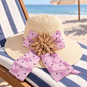 Pălărie de Plajă Damă cu Boruri Largi, Fundă Roz și Floare Decorativă – Bej - Img 5